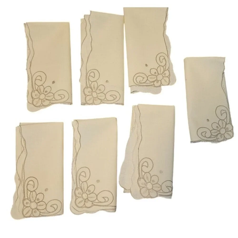 7 Vintage Napkins Embroidered Floral Beige Cloth Scalloped Edges 12x12